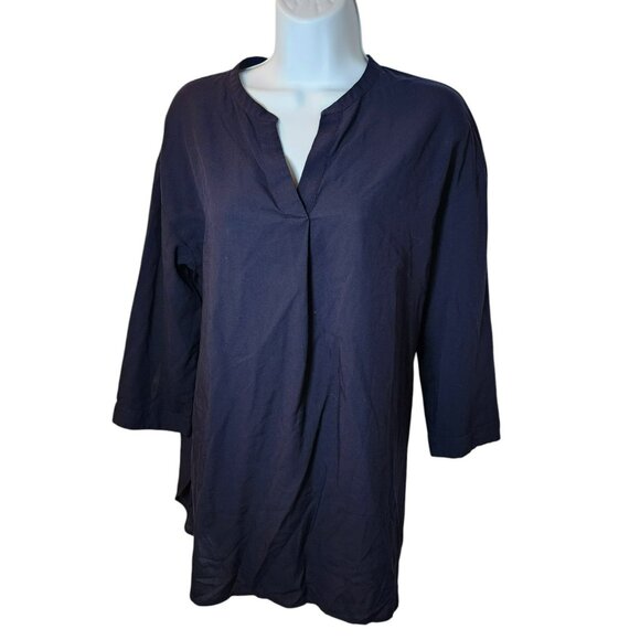 Uniqlo Blouse L Navy Blue 3/4 Sleeve Pullover Tunic Top Minimalist Preowned - Picture 1 of 7